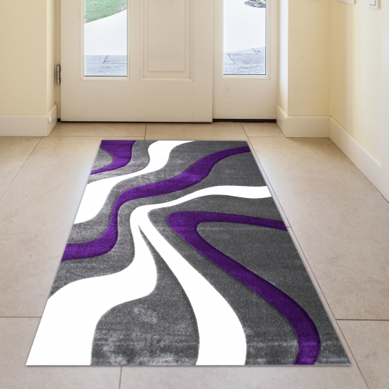 Designer Teppich mit Konturenschnitt Wellenmuster Lila Grau Weiss