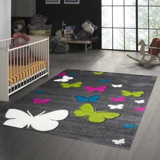 Kinderteppich Schmetterlinge in Grau Pink Türkis Grün