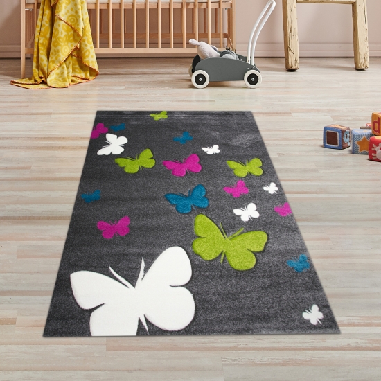 Kinderteppich Schmetterlinge in Grau Pink Türkis Grün