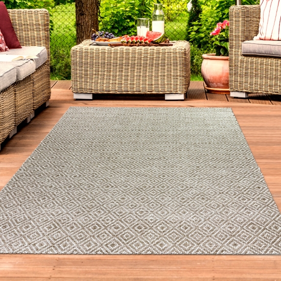 In- & Outdoorteppich Balkon wetterfest Niedrigflor im Rautenmuster in beige