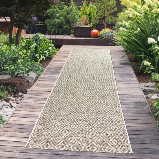 Preview: In- & Outdoorteppich Balkon wetterfest Niedrigflor im Rautenmuster in beige