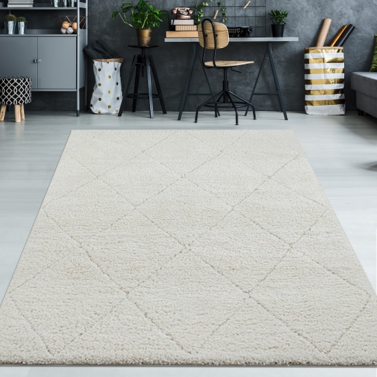 Hochflor Teppich creme mit Rautenmuster modern weich für Wohn- und Schlafzimmer