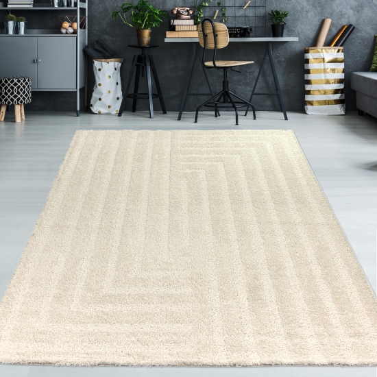 Kuscheliger Hochflor Teppich mit modernem Muster stilvoll gemütlich in Creme