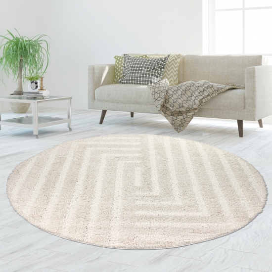 Preview: Kuscheliger Hochflor Teppich mit modernem Muster stilvoll gemütlich in Creme
