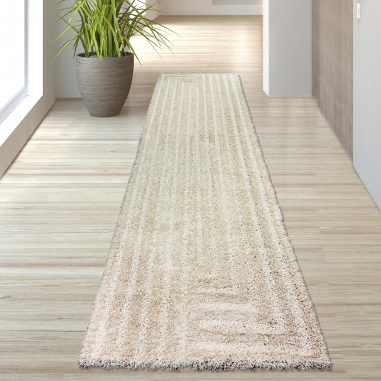 Preview: Kuscheliger Hochflor Teppich mit modernem Muster stilvoll gemütlich in Creme