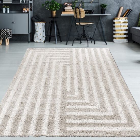Flauschiger Hochflor-Teppich Modern Gemütlich mit Linien Muster in Beige