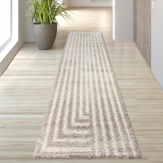Preview: Flauschiger Hochflor-Teppich Modern Gemütlich mit Linien Muster in Beige
