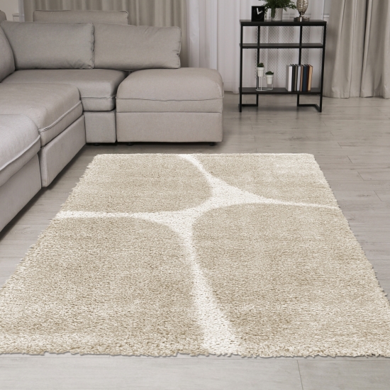 Moderner Hochflor-Teppich gemütlich pflegeleicht mit organischem Muster in Creme Beige