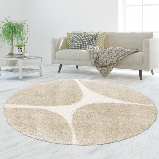 Preview: Moderner Hochflor-Teppich gemütlich pflegeleicht mit organischem Muster in Creme Beige