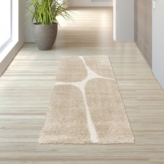 Preview: Moderner Hochflor-Teppich gemütlich pflegeleicht mit organischem Muster in Creme Beige