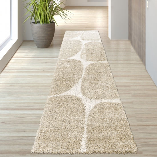 Preview: Moderner Hochflor-Teppich gemütlich pflegeleicht mit organischem Muster in Creme Beige