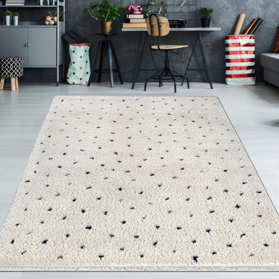 Teppich gepunktet Creme Wohnzimmer weich modern flauschig gemütlich