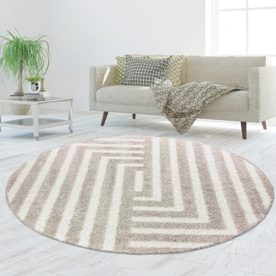 Preview: Flauschiger Hochflor-Teppich Modern Gemütlich mit Linien Muster in Beige