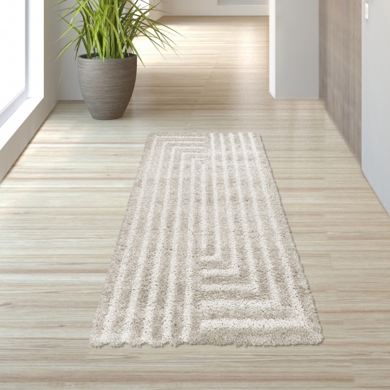 Preview: Flauschiger Hochflor-Teppich Modern Gemütlich mit Linien Muster in Beige