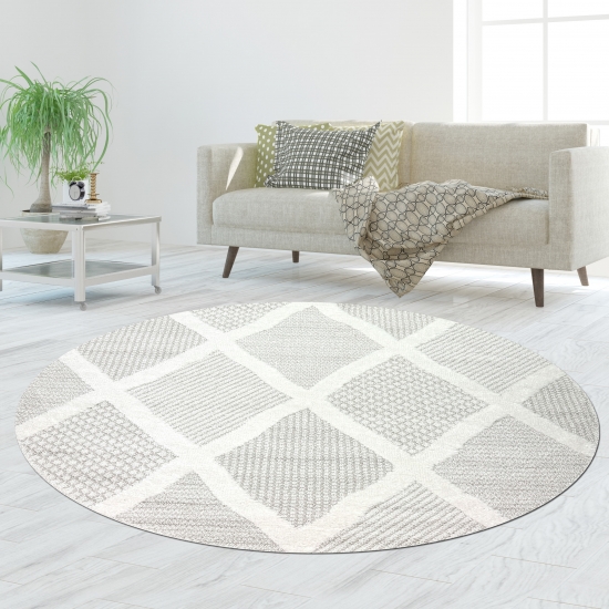 Preview: Schlafzimmer Wohnzimmer Teppich mit verschieden gemusterten Rauten in creme grau