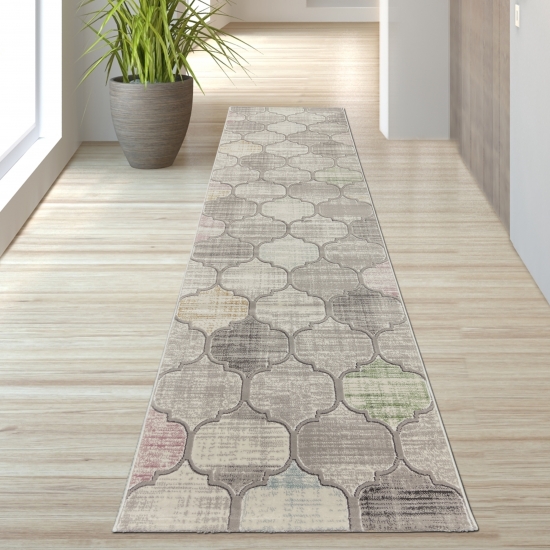 Designer Teppich Marokkanisches Muster in Grau Lila Senfgelb