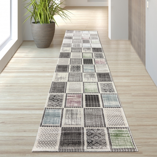 Designer Kurzflor mit Karomuster in Lila Blau Grün Grau