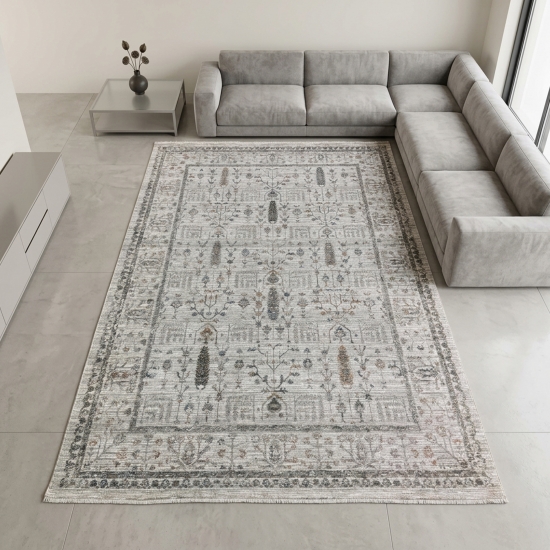 Teppich Creme robust mit Fransen, Ornamentmuster und Bordüre