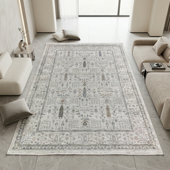 Preview: Teppich Creme robust mit Fransen, Ornamentmuster und Bordüre