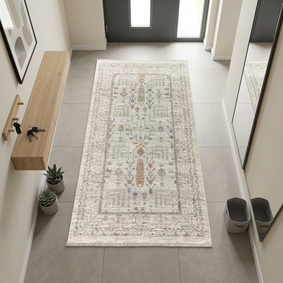 Preview: Teppich Creme robust mit Fransen, Ornamentmuster und Bordüre