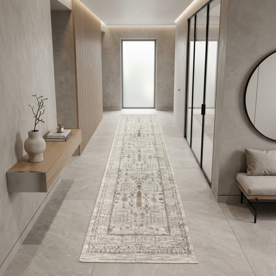 Preview: Teppich Creme robust mit Fransen, Ornamentmuster und Bordüre