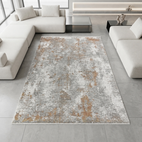 Robuster Teppich Kupfer Grau Creme mit abstraktem Muster und Fransen