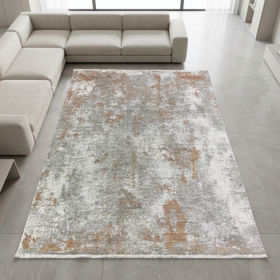 Preview: Robuster Teppich Kupfer Grau Creme mit abstraktem Muster und Fransen