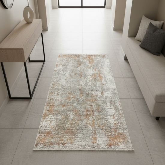 Preview: Robuster Teppich Kupfer Grau Creme mit abstraktem Muster und Fransen