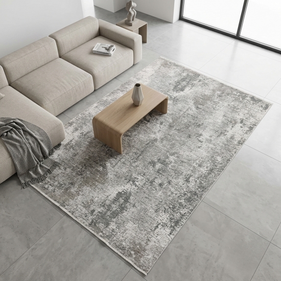 Preview: Robuster Teppich Grau Creme mit abstraktem Muster und dekorativen Fransen