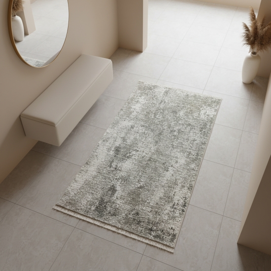 Preview: Robuster Teppich Grau Creme mit abstraktem Muster und dekorativen Fransen