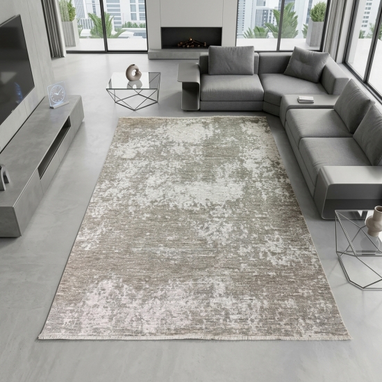 Preview: Robuster Teppich Beige Creme mit abstraktem Muster und dekorativen Fransen