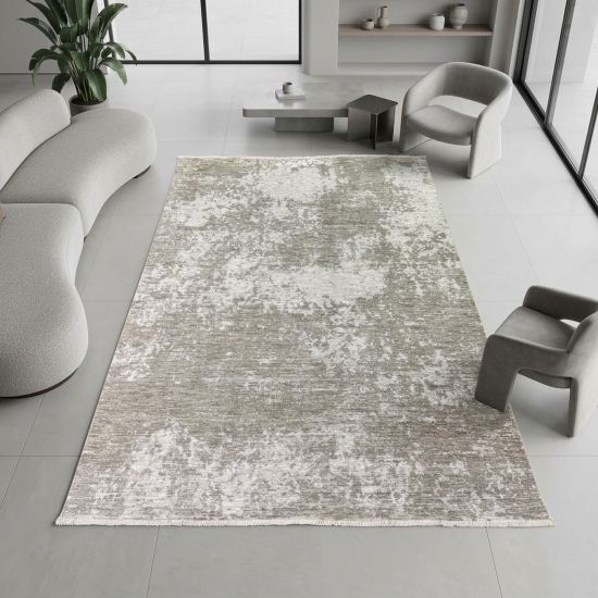 Preview: Robuster Teppich Beige Creme mit abstraktem Muster und dekorativen Fransen