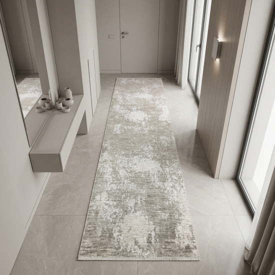 Preview: Robuster Teppich Beige Creme mit abstraktem Muster und dekorativen Fransen