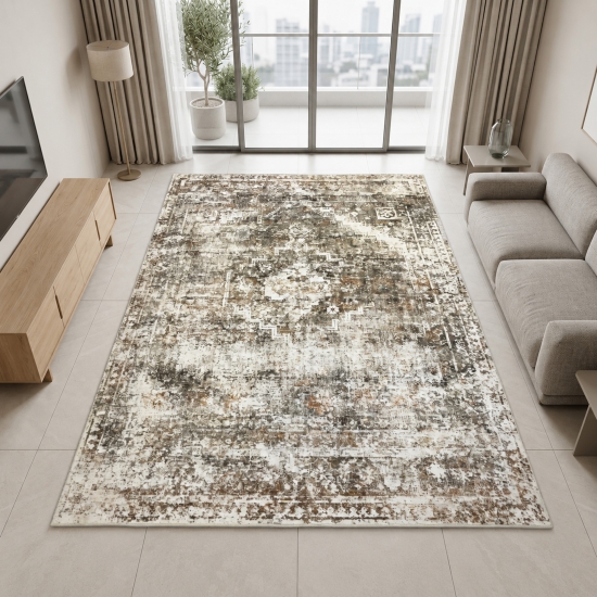 Beiger Teppich mit Vintage-Medaillon für vielseitige Wohnbereiche