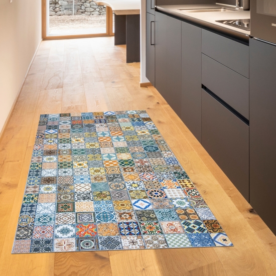 Waschbarer Küchenläufer-Teppich  mit Fliesenmuster in bunt