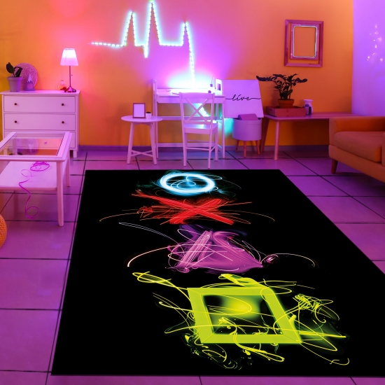 Gaming Teppich mit neonfarbigen Symbolen