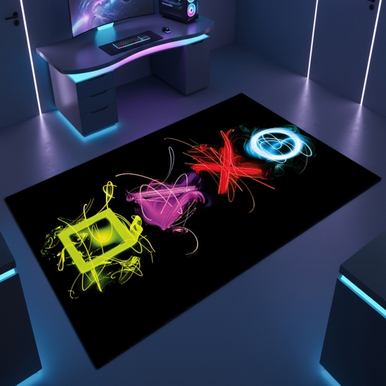 Gaming Teppich mit neonfarbigen Symbolen