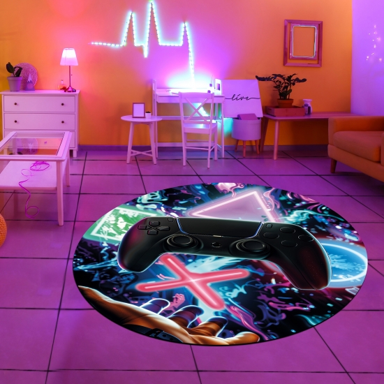 Gaming-Teppich mit lebendigen neon-farbigen Symbolen und Controller