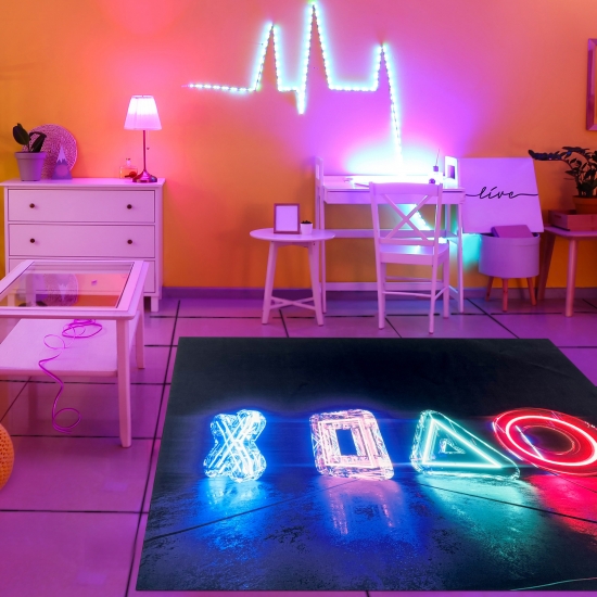 Gamingteppich rutschfest mit Neonfarbenen LED-artigen Symbolen als Muster