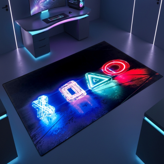 Gamingteppich rutschfest mit Neonfarbenen LED-artigen Symbolen als Muster