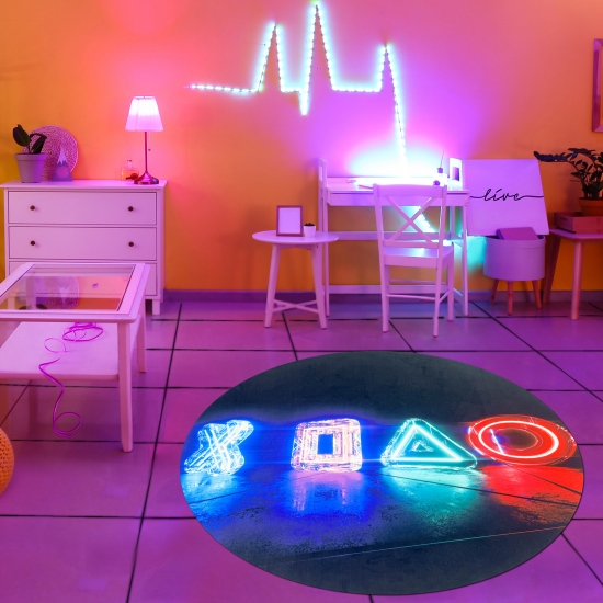 Preview: Gamingteppich rutschfest mit Neonfarbenen LED-artigen Symbolen als Muster