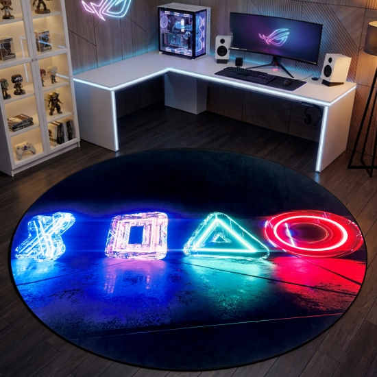 Preview: Gamingteppich rutschfest mit Neonfarbenen LED-artigen Symbolen als Muster