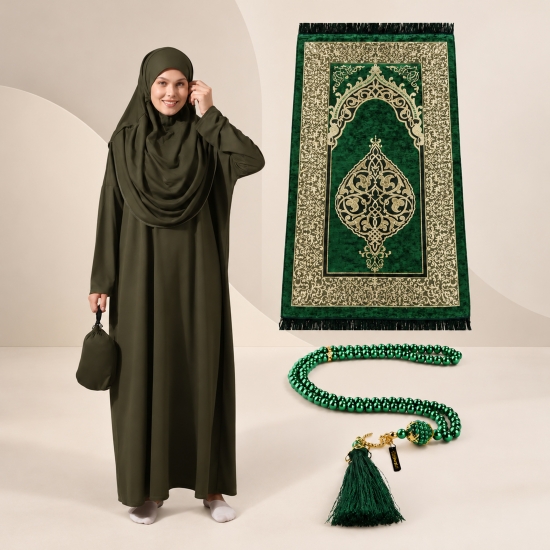 Gebetsset Dunkelgrün mit langem Kleid Teppich und Tragetasche