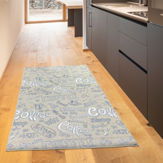 Preview: Waschbarer Küchen-Teppich mit „Coffee“ Schriftzug in weiß