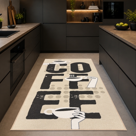 Küchenteppich Beige mit Coffee-Schriftzug, pflegeleicht und robust