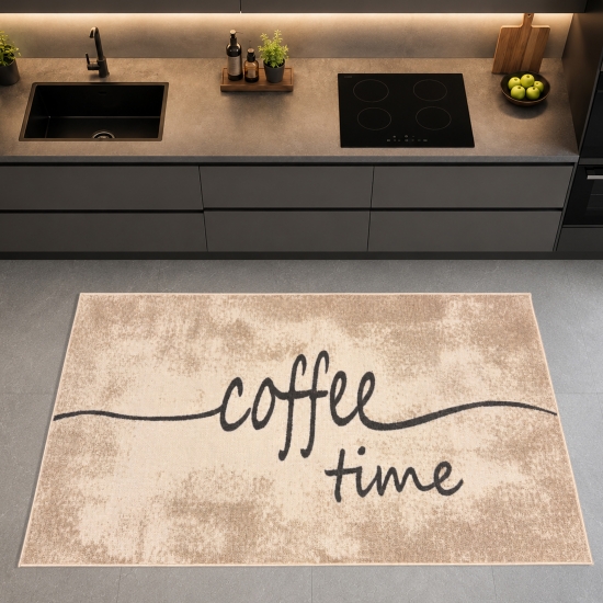 Küchenteppich Beige mit Coffee-Time-Motiv, pflegeleicht und robust
