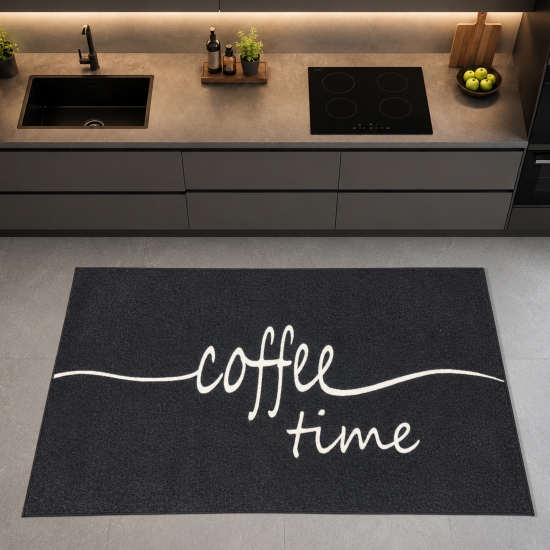 Küchenteppiche Schwarz mit Coffee-Time-Motiv, robust und pflegeleicht
