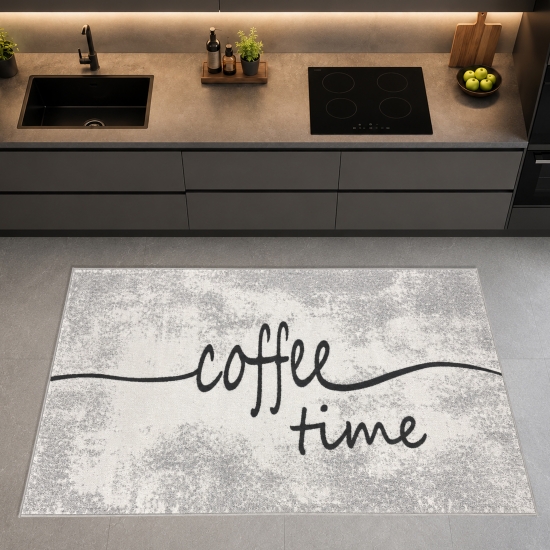 Küchenteppich Grau mit Coffee-Time-Motiv, pflegeleicht und belastbar