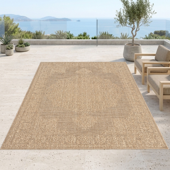 Pflegeleichter Teppich Beige für Wohnraum Balkon und Terrasse