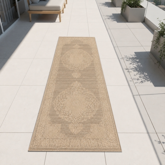 Preview: Pflegeleichter Teppich Beige für Wohnraum Balkon und Terrasse